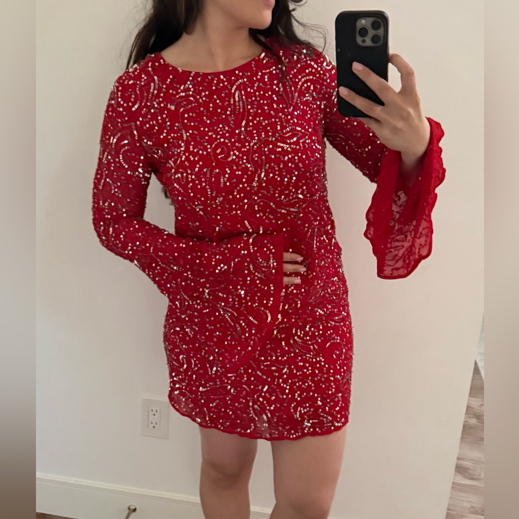 New! Show Me Your Mumu Red Sequined Mini Dress With Bell Sleeves